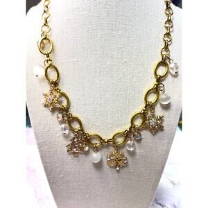 Gold Tone Winter Holiday Charm Necklace- SnowFlakes- Christmas Trees and Beads